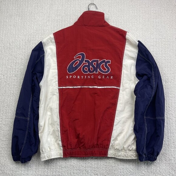 VTG Asics Sporting Gear Windbreaker Jacket Red / Blue Full Zip Men M Back Print - Picture 1 of 12